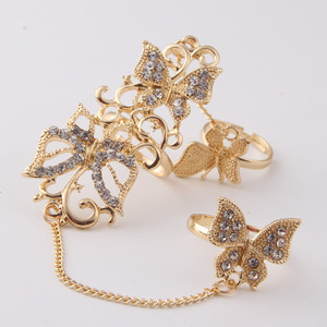 <strong>Gold</strong> Chain Link Rhinestone Flowers Butterfly Full Finger <strong>Rings</strong> <strong>Set</strong> for Women Wholesale - Product Image 3