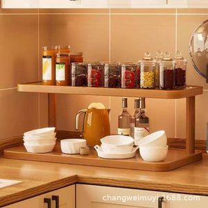 Solid Wood Two Layer Storage Rack For Desk Office Home <b>Kitchen</b> Organization With Cup Tea Set Stationery Food Storage - Product Image 1