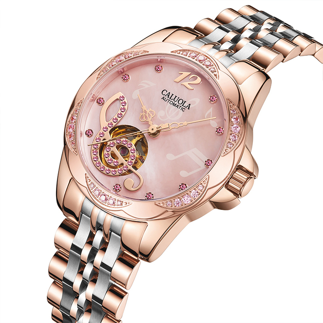 Caluola Luxury Women's Hollow Automatic Mechanical Watch 18mm Stainless Steel Analog Water Resistant Sapphire Crystal Butterfly