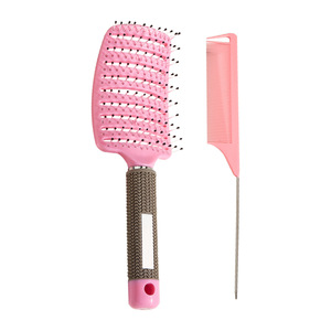 Grand peigne à cheveux incurvé, lot de 2, peigne de massage à neuf rangées, peigne à queue pointue pour cheveux bouclés, peigne lissant en plastique rose - Product Image 5