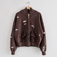 Sweat-shirt à capuche zippé pour homme, délavé et vieilli, doublé en maille gaufrée, coupe oversize, effet déchiré, style vintage Y2K streetwear, vente en gros