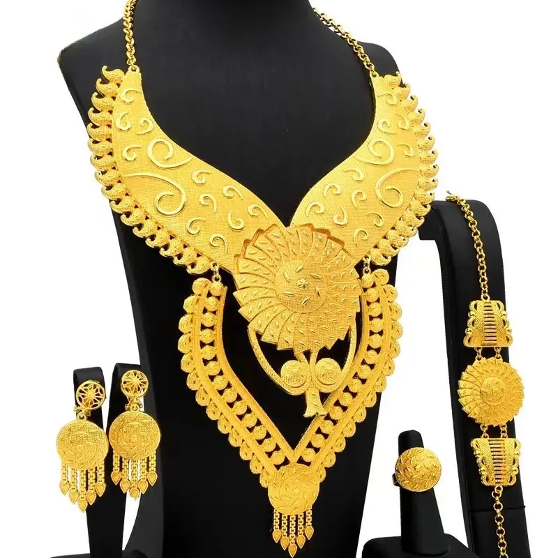 Eksotik 18K Kalung Berlapis Emas Anting Cincin Perancis Afrika Dubai Set Perhiasan Emas Perhiasan Desain Pernikahan Katalog