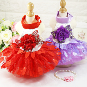 Shine And Shine Pet Wedding Dress Red Purple Leaf Pattern Glittering Skirt <b>For</b> Dog <b>Cat</b> Summer <b>Clothes</b> - Product Image 1