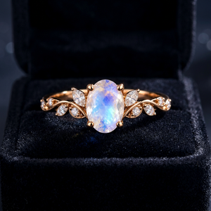 Oval Rainbow <b>Moonstone</b> Ring 925 Sterling Silver Leaf Vine Engagement Ring Gold Plated Custom Gemstone <b>Jewelry</b> - Product Image 2