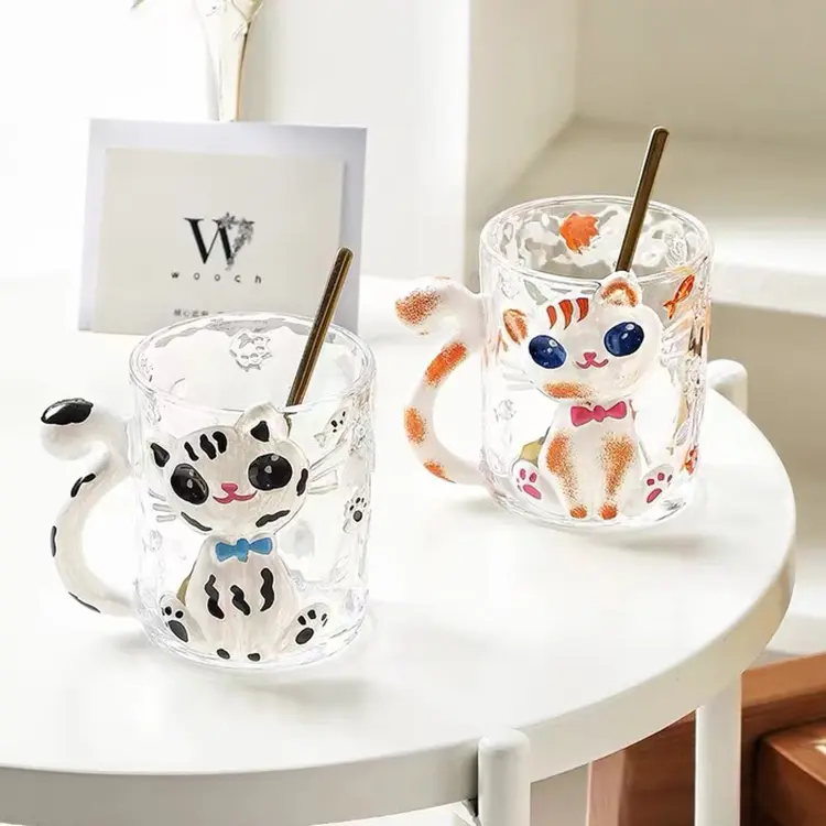 Lovely Christmas Gift Novelty Cute Cat Shaped 3D Cartoon Kawaii Children's Water Anime Cups Glass Coffee Mug with Rabbit Handle