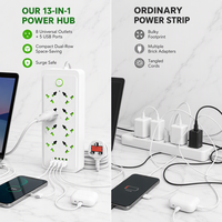 Multiprise universelle 8 voies pour usage domestique, 10A 2500W, en laiton, IP44, avec protection contre les surcharges et les surtensions, et porte-prise de sécurité
