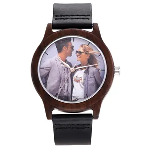 Reloj de madera personalizado para hombre y mujer, con fotos familiares, bandas de cuero