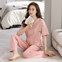 Ensemble de pyjama en coton pour femmes, t-shirt d'été à manches courtes, pantalon long, vêtements de maison, deux pièces, décontracté, doux, respirant, taille élastique