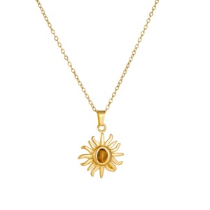 Stainless Steel Gold Plated Tiger's Eye Sun Pendant Necklace For Daily Wear Gift Clavicle Chain - Product Image 5