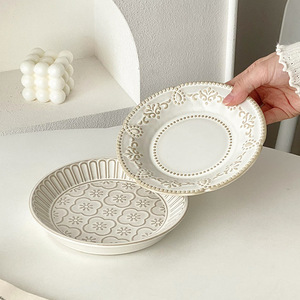 Ensemble d'assiettes en céramique rétro françaises, assiettes à dessert en relief haut de gamme, assiettes pour la cuisine occidentale, pour mariage, hôtel, restaurant - Product Image 4
