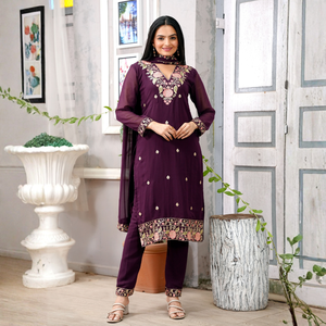 Premium womens festive georgette salwar suit set with <b>sequins</b> embroidery <b>top</b> trouser dupatta stitched ethnic wear - Product Image 1