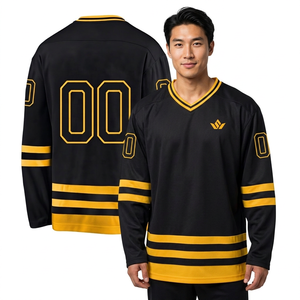 Maillot de hockey sur glace unisexe noir et jaune, col rond, manches longues, maille respirante, impression par transfert thermique, personnalisable, devant avec logo d'équipe - Product Image 1