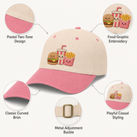 Casquette de baseball respirante et imperméable bicolore avec patch brodé alimentaire, boucle de réglage métallique, visière incurvée, 6 panneaux, style Dad Hat sportif