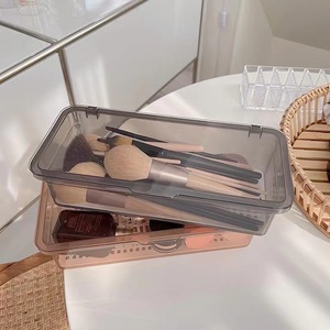 Rectangular Makeup Brush <b>Storage</b> Box With Lid Plastic Cosmetic Organizer For <b>Dressing</b> <b>Table</b> Dormitory Pink And Gray - Product Image 4