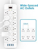 Strip daya 12-Outlet dengan 4 port USB, kabel ekstensi panjang 6.6 kaki 1875W/15A/3400 Joule pelindung gelombang dapat dipasang untuk penggunaan di rumah