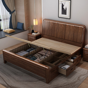 Chinese Style <b>Walnut</b> Solid Wood Storage Bed 1.5M Master Bedroom Double Bed With <b>Drawers</b> - Product Image 3