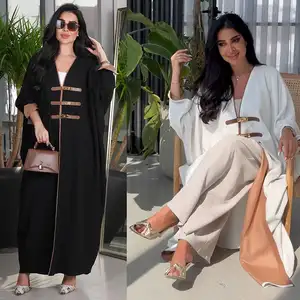 New Fashion Chiffon Kaftan Dress Abaya Dubai Leather Button Abaya Turkish Color Blocking Robe Modest Clothing Muslim Dresses