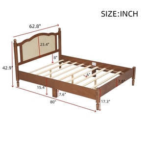 Queen Size Solid Wood Platform <b>Bed</b> with Natural Rattan Headboard and Wooden Slat Support Modern Design Eco-Friendly - Product Image 6