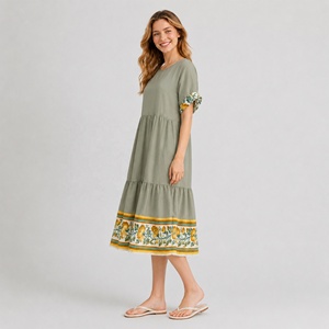 Vestido Midi Boho Verde Salvia para Mujer, Mezcla de Lino, Estampado Floral, Manga con Volantes, Estilo Casual - Product Image 1