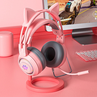 Headphone berkabel RGB lampu latar, headphone telinga kucing lucu dengan mikrofon berkabel untuk anak dan anak perempuan