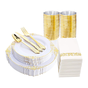 Assiettes de fête en plastique blanc pour 25 invités, motif floral, avec bord doré, vaisselle jetable élégante et de qualité supérieure - Product Image 1