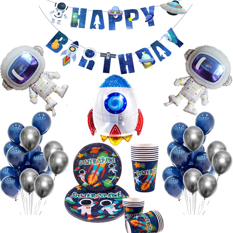 Outer Space Birthday Party Decorations Disposable Paper Plate Cups Blue Balloons Kit for Kids Birthday Party Favor Supplies