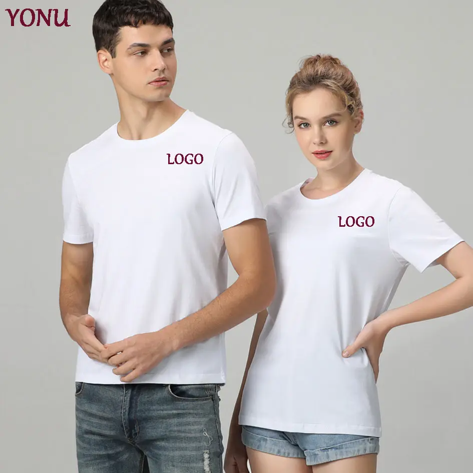 Camiseta holgada informal con logotipo personalizado para hombre, ropa de Color sólido con cuello redondo, corta para parejas