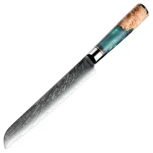 AUS10 Japanese damascus Steel Durable Serrated Chef Resin Wooden Blue Handle Professional Kitchen Bread Slicing Kitchen Knife