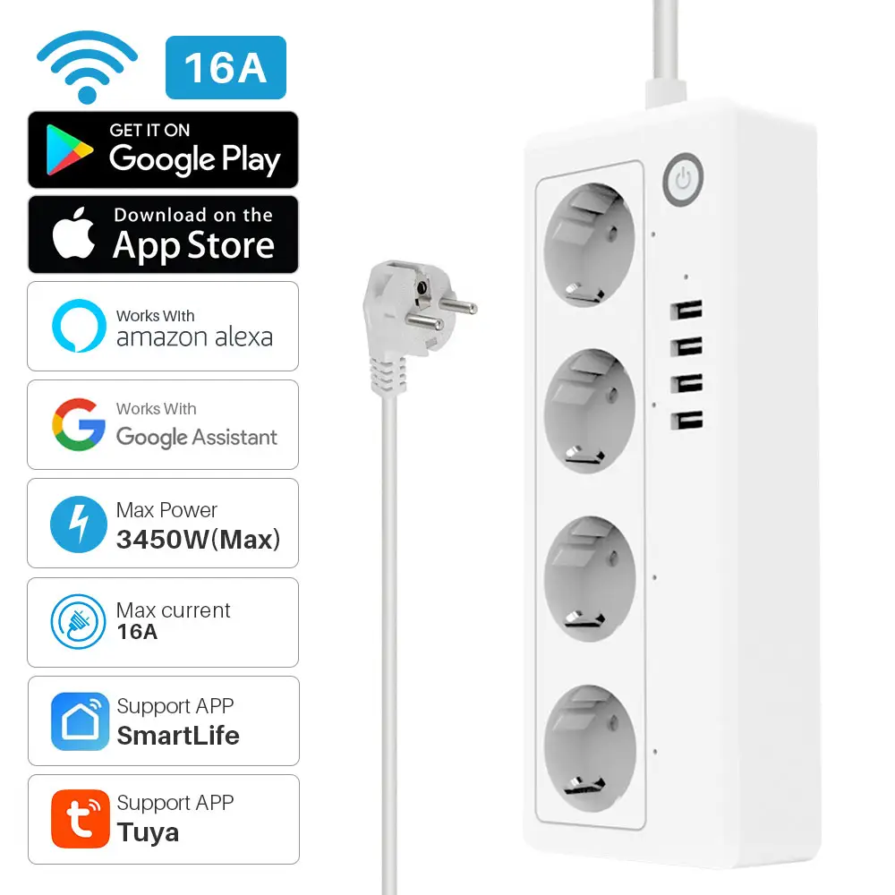 Wifi Smart Power Strip 4 EU Outlets 16A Plug Socket with USB Charging Port App Voice Control Work By Alexa Google Home Assistant