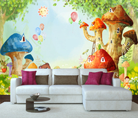Papier peint pour chambre d'enfant, motif de maison de champignon de conte de fées, dessin animé, ours ludique et ballons colorés, décoration de chambre d'enfant