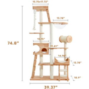 Árbol rascador para gatos de madera maciza de lujo 74H con múltiples nidos y juguete - Product Image 2