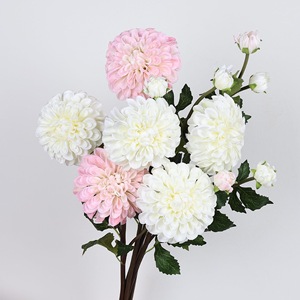 Meng Jie <b>Artificial</b> Dahlia <b>Silk</b> <b>Flower</b> 2 Heads Pink And White Indoor Home Decor Wedding Floral Arrangement - Product Image 2