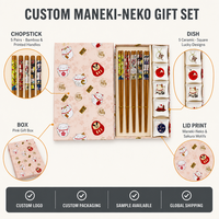 Coffret Cadeau de Couverts Nouvel An Japonais Style Maneki Neko : 5 Paires de Baguettes en Bambou et 5 Assiettes en Céramique pour l'Amitié et la Maison