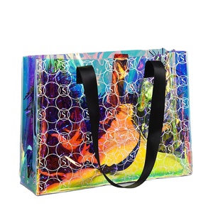holographic pvc tpu plastic handbag laser travel large storage bag transparent magic color beach tote bag