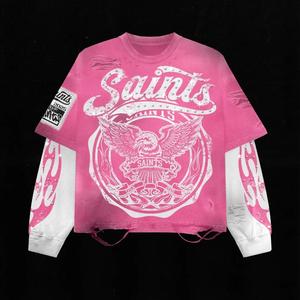 T-shirt court pour homme 300 GSM - Coupe ample style vintage streetwear avec manches longues imprimées et effet vieilli - Product Image 1