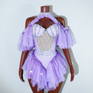 Lavender Glow Coachella 2026 Body con diseño de jaula de pedrería y falda de tul con volantes en capas, ropa de escenario para estrellas del pop y carnaval, venta al por mayor - Product Image 1