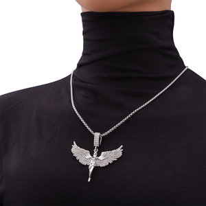 Collar con Colgante de Ángel Caído con Alas, Engaste Completo de Diamantes Pavé, Aleación de Zinc Blanco K, Joyería de Moda para Hombre - Product Image 4