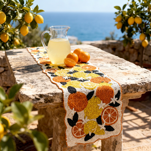 Cream Gold Embroidered Citrus <b>Table</b> <b>Runner</b> Cotton Bohemian Home Decor - Product Image 1