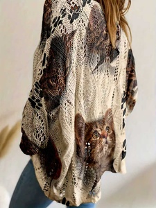 Maglione da <span class=keywords><strong>Donna</strong></span> Bohemien con Stampa Digitale Gatto, Collo <span class=keywords><strong>a</strong></span> O, Oversize, in <span class=keywords><strong>Maglia</strong></span> Pointelle, 100% Poliestere, Collezione Primavera 2026 - Product Image 3