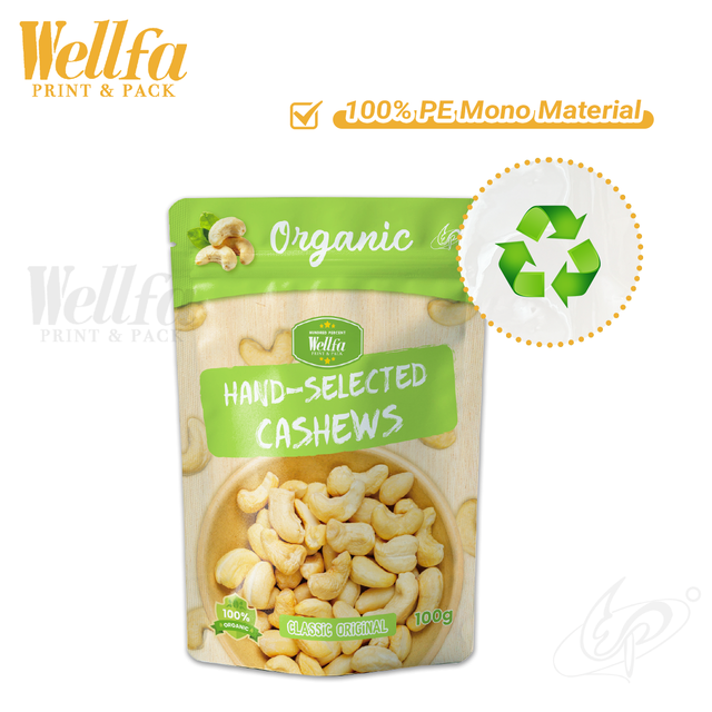 100% Recyclable PE Stand up Pouch for Nuts Packaging Bag Eco-friendly Custom Printed Doypack with Zipper Food Grade Pouch
