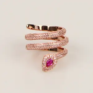 micro pave cz pink color rose gold silver plated multi wrap snake adjust ring for women jewelry