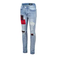 Guter Preis Hellblau Wash Destroy mit Red Checker Patches Herren Jeans