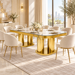 Modern Gold <b>Stainless</b> <b>Steel</b> Dining <b>Table</b> Mirror Glass Top Rounded Rectangle Dual Column Base Event Wholesale Supplier - Product Image 2