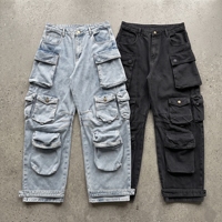 Jean cargo multi-poches personnalisé pour homme, coupe large décontractée, délavé, fermeture boutonnée, denim streetwear, marque privée, faible MOQ, usine OEM ODM