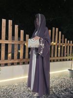 2025 Luxuriöse Damen-Abaya mit Blumenstickerei aus Lila Chiffon, Handgefertigte Elegante Bescheidene Muslimische Kleider für Hochzeiten