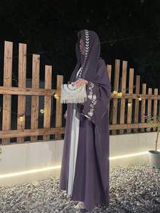 2025 donne di lusso ricamate floreali in Chiffon viola morbido Abaya fatto a mano eleganti modesti abiti musulmani Dubai per il matrimonio abbinati - Product Image 4