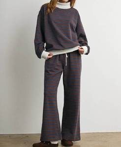 OEM Custom Women's Striped Mock Neck Knitted 2 Piece Set Long Sleeve Sweatshirt Drawstring <b>Wide</b> <b>Leg</b> <b>Pants</b> Loungewear Manufacture - Product Image 1
