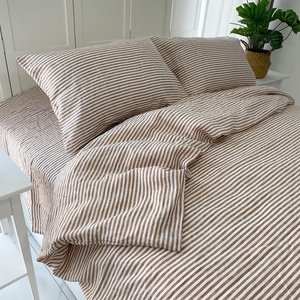 طقم غطاء لحاف من الكتان الطبيعي 100٪، طقم أسرّة فاخر متين بتصميم مخطط عتيق - Product Image 1