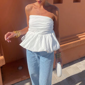 Chemise <span class=keywords><strong>bandeau</strong></span> sans bretelles à volants en vichy rose pour femmes, chemisier d'été à carreaux pour pique-nique et fête - Product Image 5