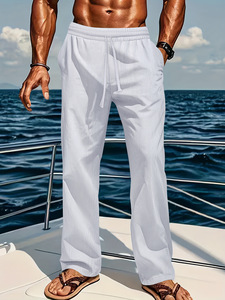 Pantaloni Casual da Uomo in <span class=keywords><strong>Lino</strong></span> e Cotone Traspiranti e Assorbenti, a Vita Media, Vestibilità Ampia e Confortevole, Nuovi Arrivi Transfrontalieri per TM - Product Image 6